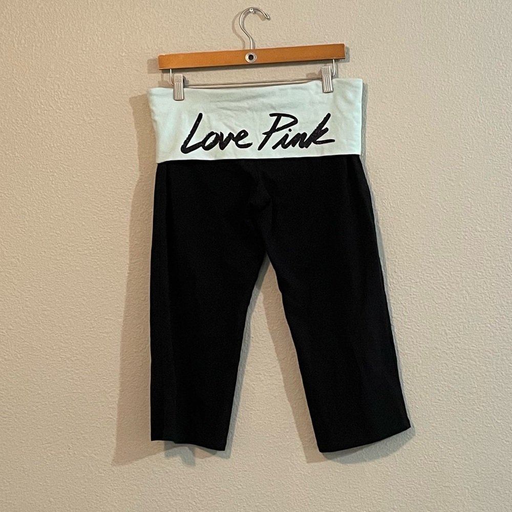 PINK Victoria's Secret Black & Blue Fold-Over Waist Cotton Capris